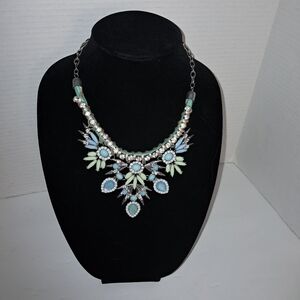 Blue, Green and White Stones with Rhinestones V Shape Statement Necklace